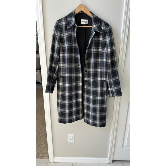Kasper Jackets & Blazers - Kasper 100% Wool Plaid Longline Coat Navy Grey Size 12 Button Front Jacket